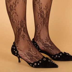 Lace Pattern Fishnet Tights - Brown